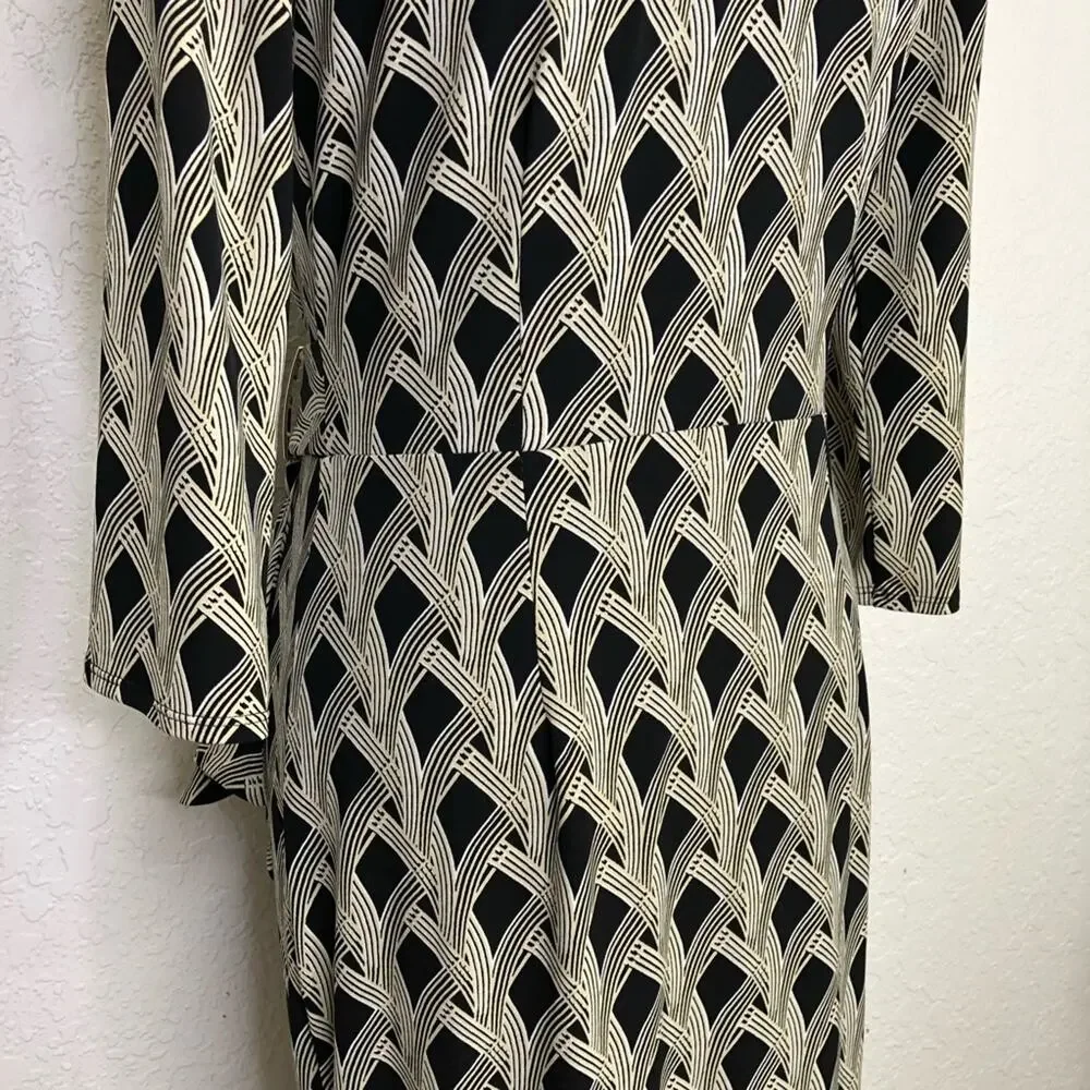 WHBM cream black art deco geometric faux wrap midi dress size 6
